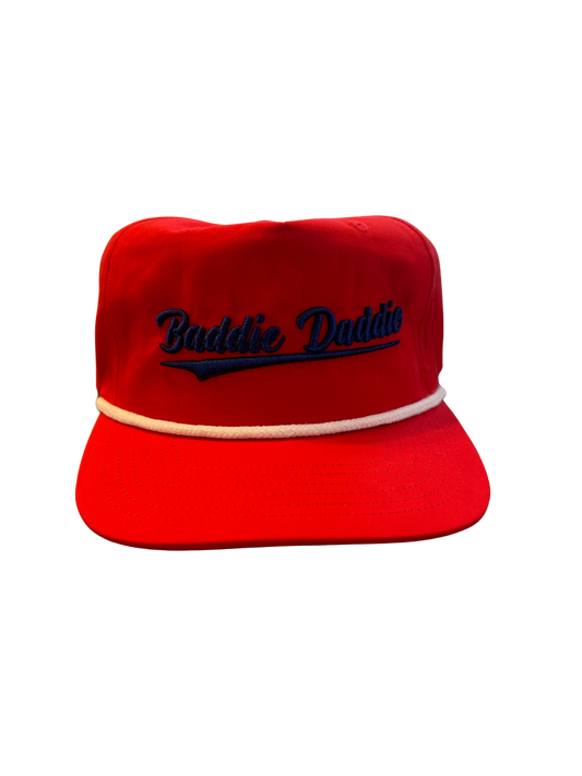 Red and Blue 5 panel Golf hat with White rope