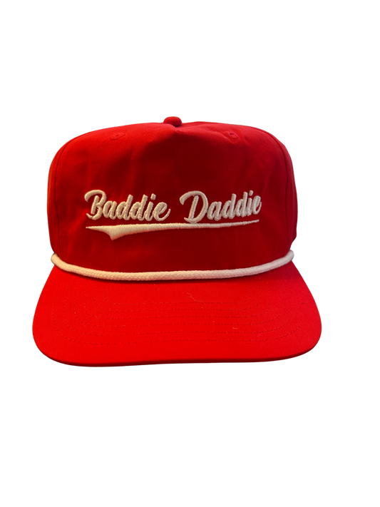 Red and White 5 panel Golf hat with White rope